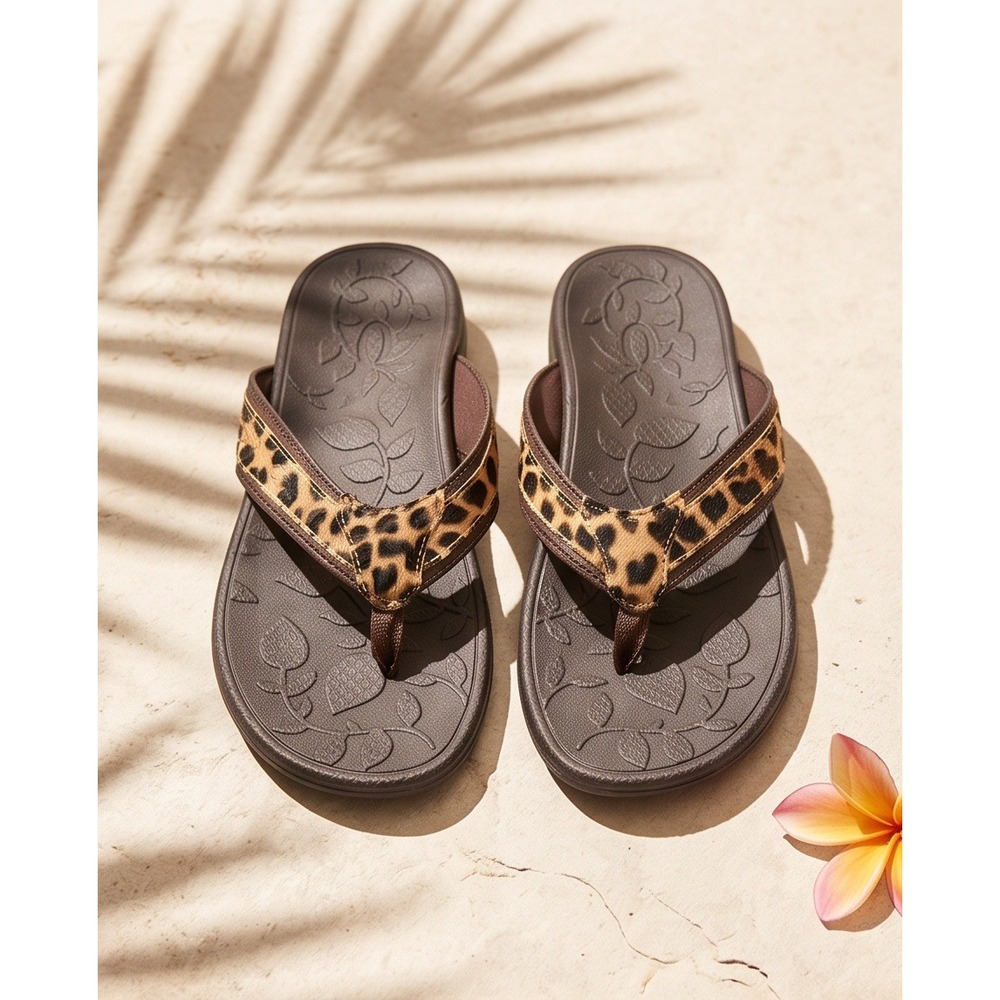 Dr Scholl's 7 Leopard Print Flip Flop Sandals Brown Advanced Comfort‎ Series